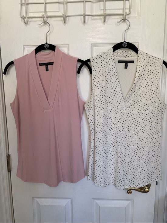 White House Black Market Tops - 2 White House Black Market Sleeveless Lined V-Neck Tops: Pink White Polka Dot